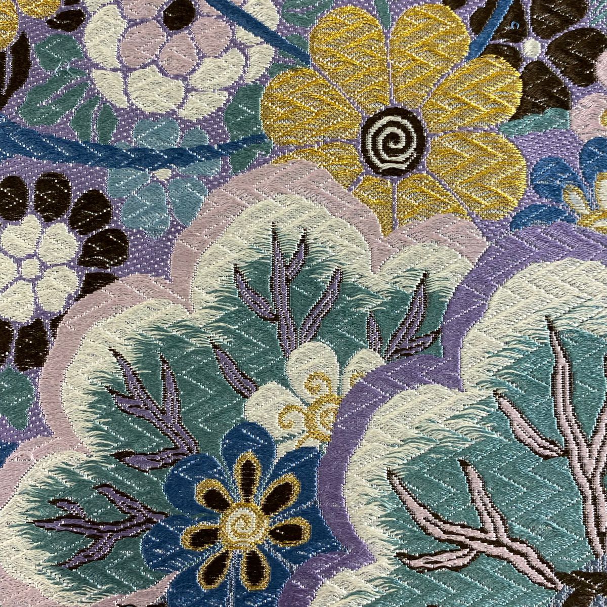 【庫存清倉】 袋帶 名品級 附落款 草花紋紋 笠松樹 金絲 刺繡 青灰 深藍色 六通 純蠶絲