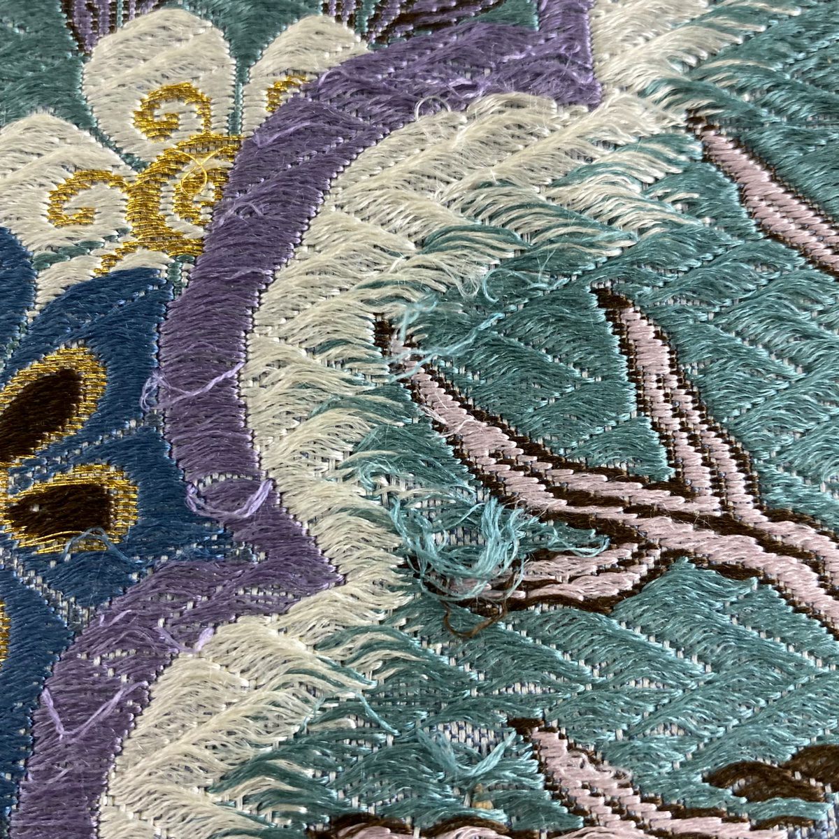 【庫存清倉】 袋帶 名品級 附落款 草花紋紋 笠松樹 金絲 刺繡 青灰 深藍色 六通 純蠶絲