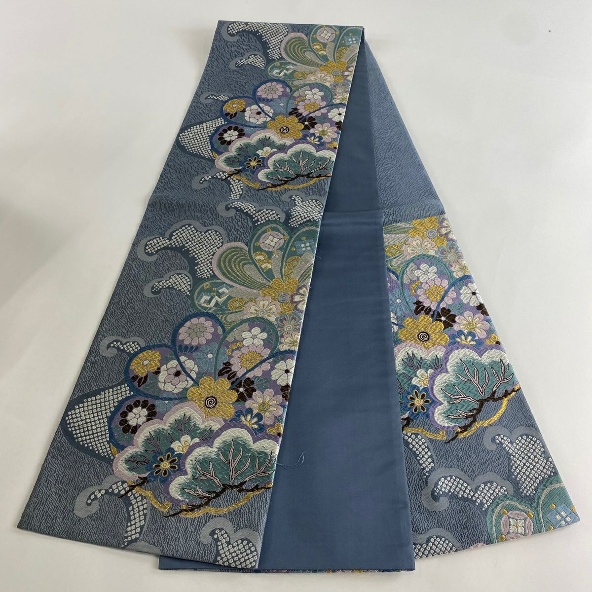 【庫存清倉】 袋帶 名品級 附落款 草花紋紋 笠松樹 金絲 刺繡 青灰 深藍色 六通 純蠶絲