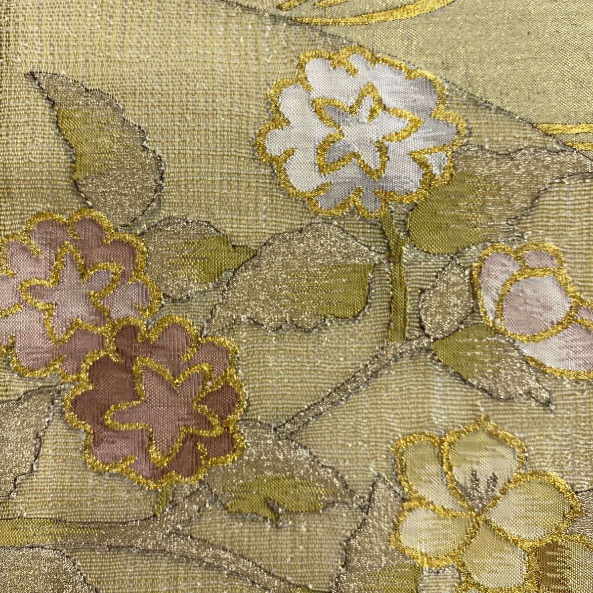 【美品】 袋帶 名品級 草花紋 流水 金絲 抹茶 深綠色 お太鼓圖案 純蠶絲