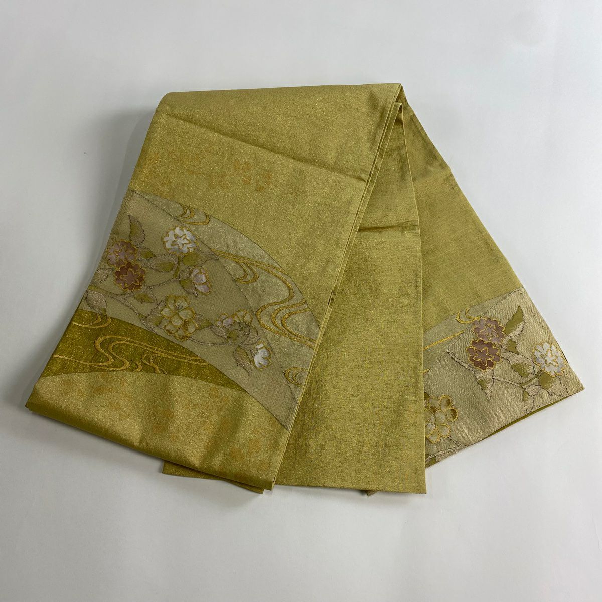 【美品】 袋帶 名品級 草花紋 流水 金絲 抹茶 深綠色 お太鼓圖案 純蠶絲