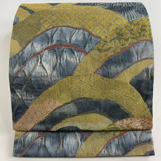 【美品】 袋帶 名品級 有職紋樣 若松樹 金銀絲 金金箔 灰色 六通 純蠶絲