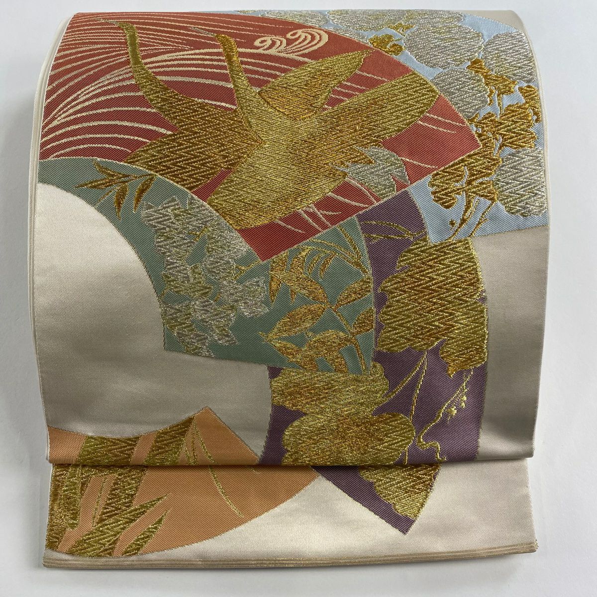 【庫存清倉】 袋帶 名品級 川島織物 有落款 扇子面 仙鶴 金銀糸 金金箔 米色 六通 純蠶絲
