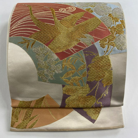 【庫存清倉】 袋帶 名品級 川島織物 有落款 扇子面 仙鶴 金銀糸 金金箔 米色 六通 純蠶絲
