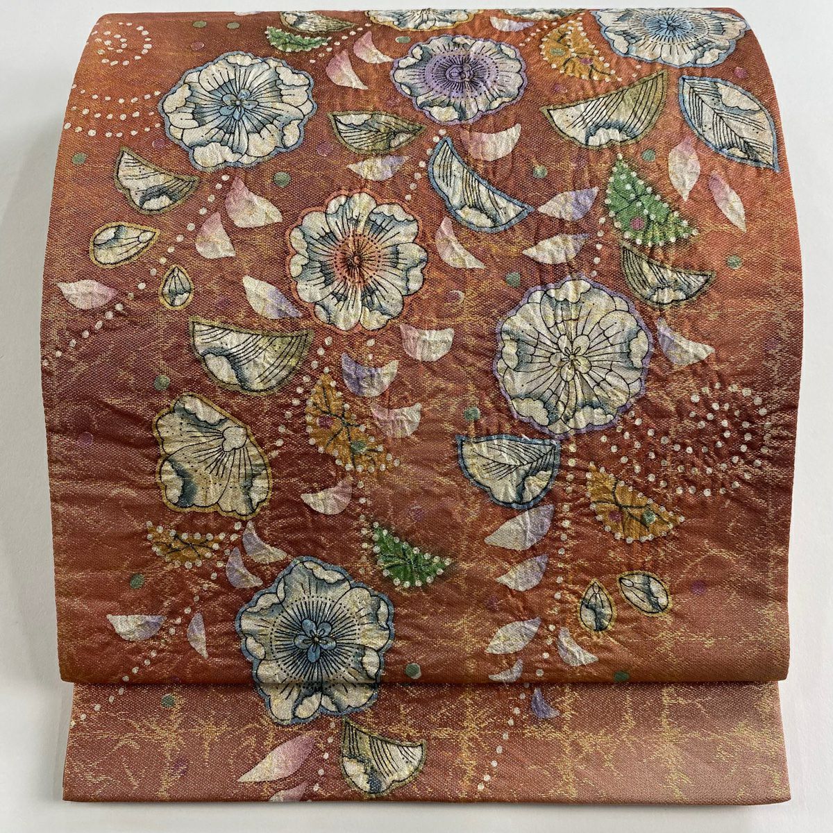 【美品】 袋帶 名品級 草花紋 金糸 漸層 粉紅 大鼓圖案 純蠶絲