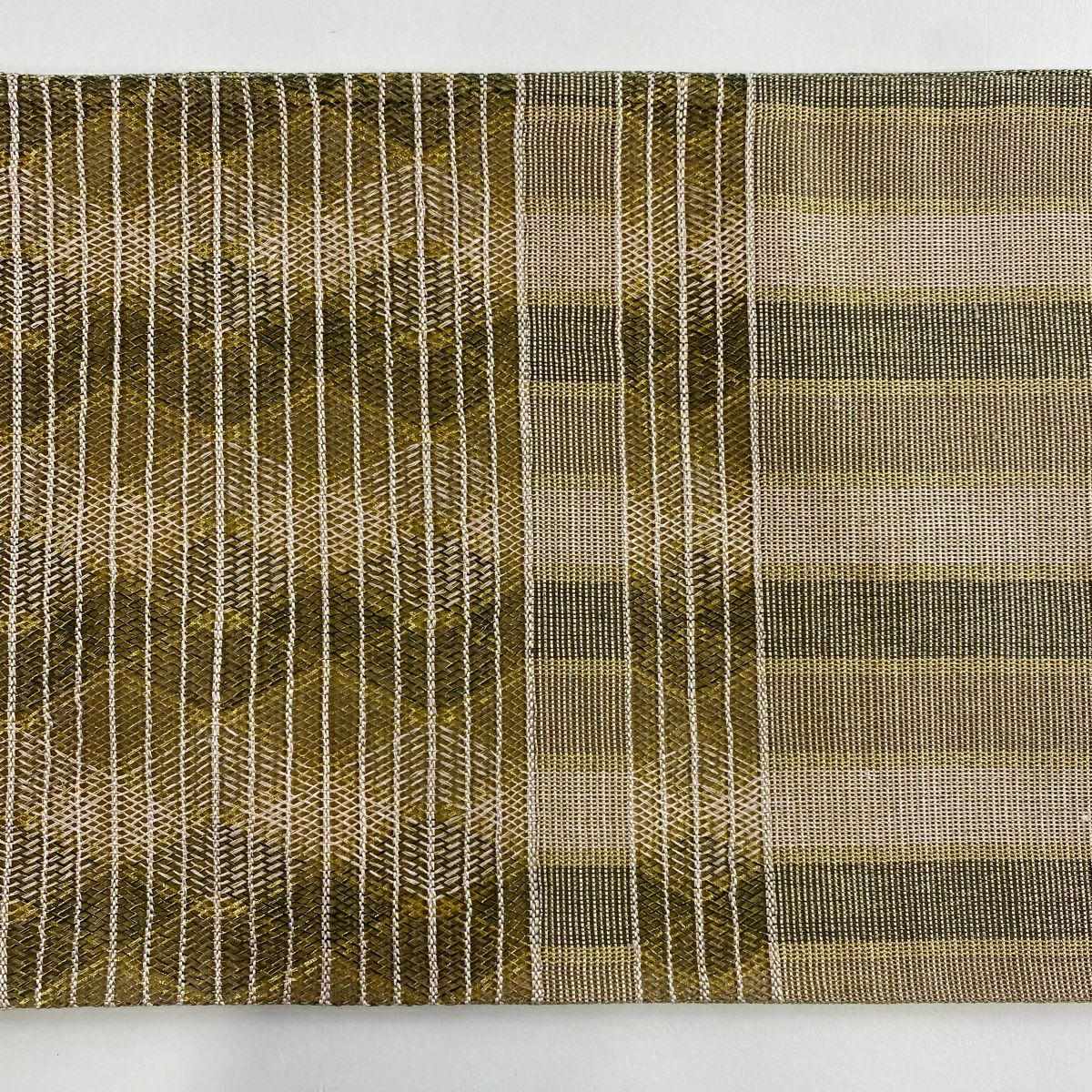 【美品】 袋帶 名品級 條紋 幾何圖案 金絲 米色 大鼓圖案 純蠶絲