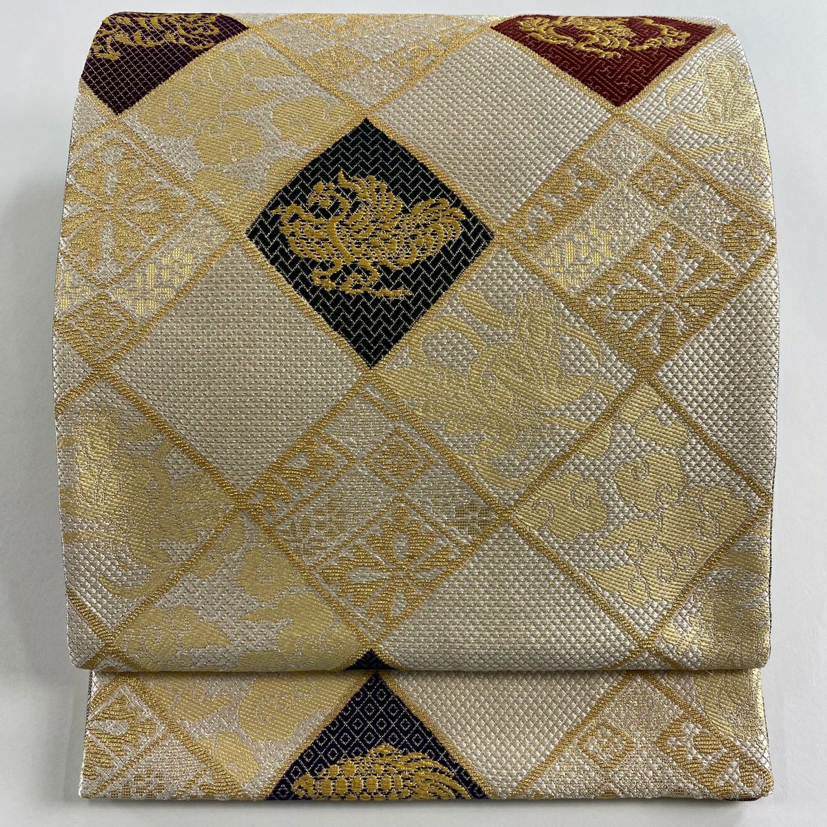【美品】 袋帶 名品級 鳳凰 蓑龜 金絲 金金箔 淡奶油 六通 純蠶絲