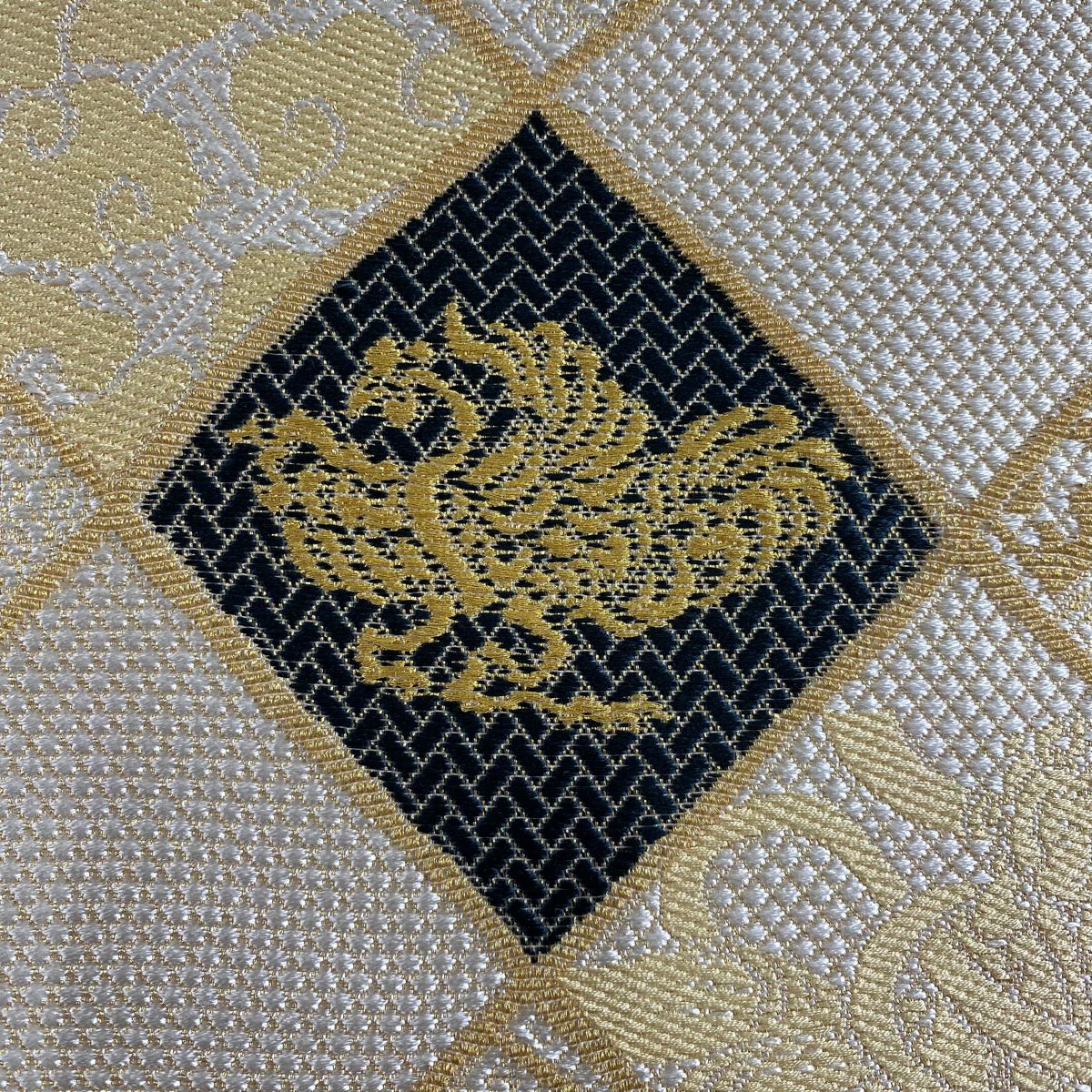 【美品】 袋帶 名品級 鳳凰 蓑龜 金絲 金金箔 淡奶油 六通 純蠶絲