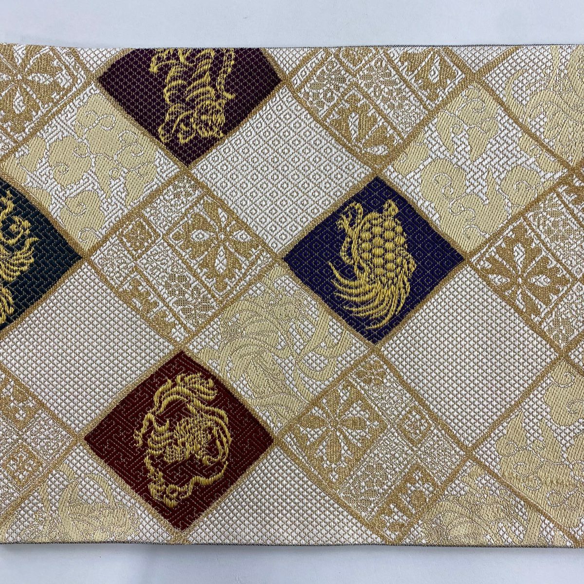 【美品】 袋帶 名品級 鳳凰 蓑龜 金絲 金金箔 淡奶油 六通 純蠶絲