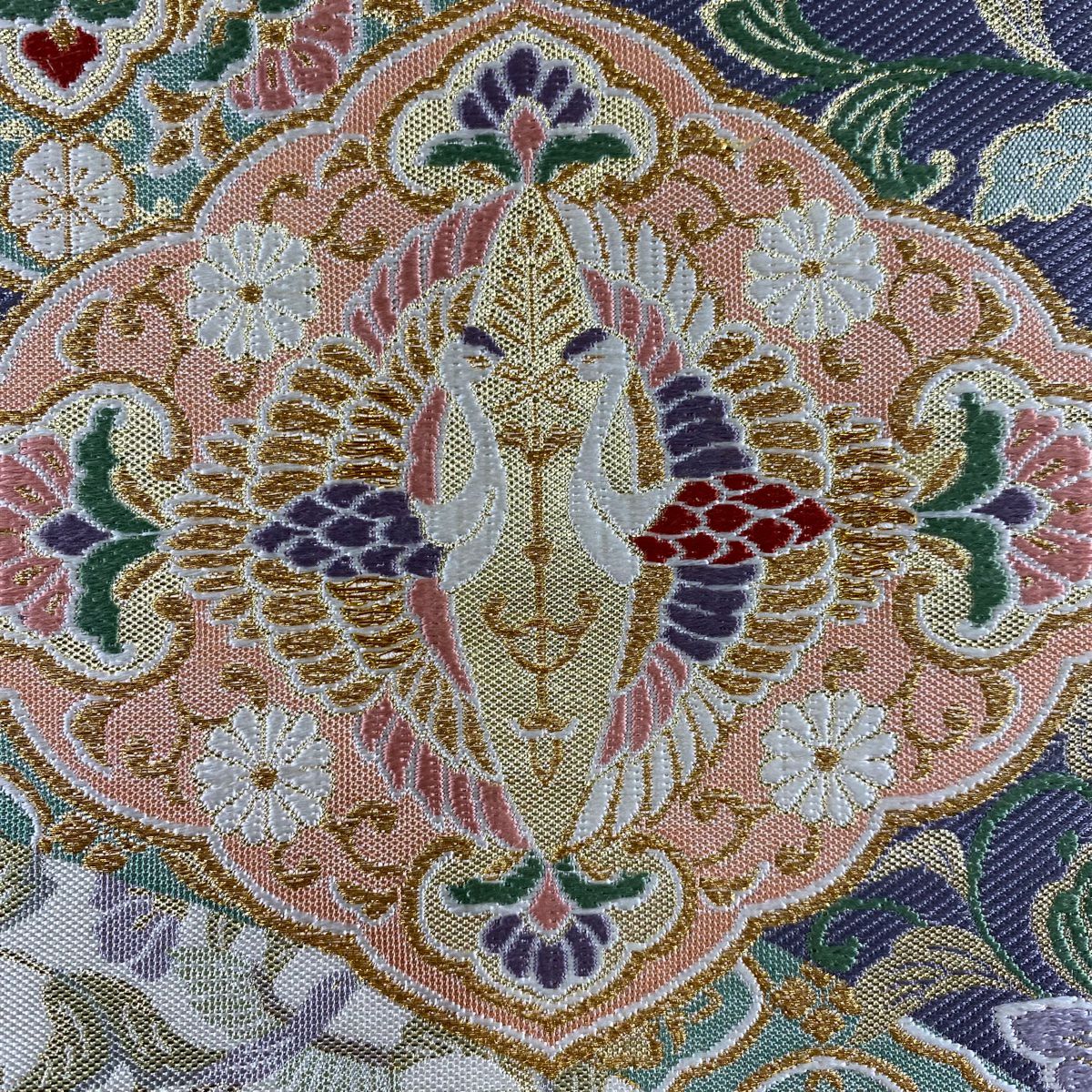 【庫存清倉】 袋帶 名品級 向鳥 華紋 金絲 金金箔 奶油色 六通 純蠶絲