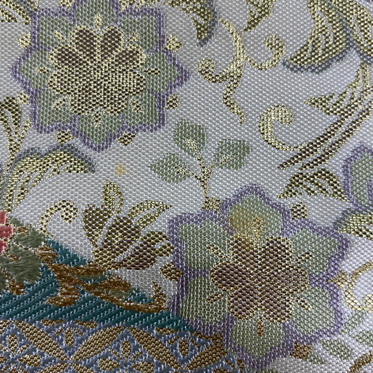 【庫存清倉】 袋帶 名品級 向鳥 華紋 金絲 金金箔 奶油色 六通 純蠶絲