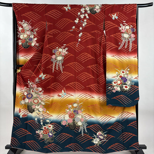 振袖禮服 身長162cm 袖長65cm M 雙層 花車 波 金銀彩 染分 紅 純蠶絲 名品級