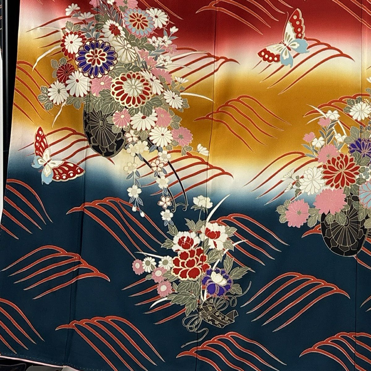 振袖禮服 身長162cm 袖長65cm M 雙層 花車 波 金銀彩 染分 紅 純蠶絲 名品級