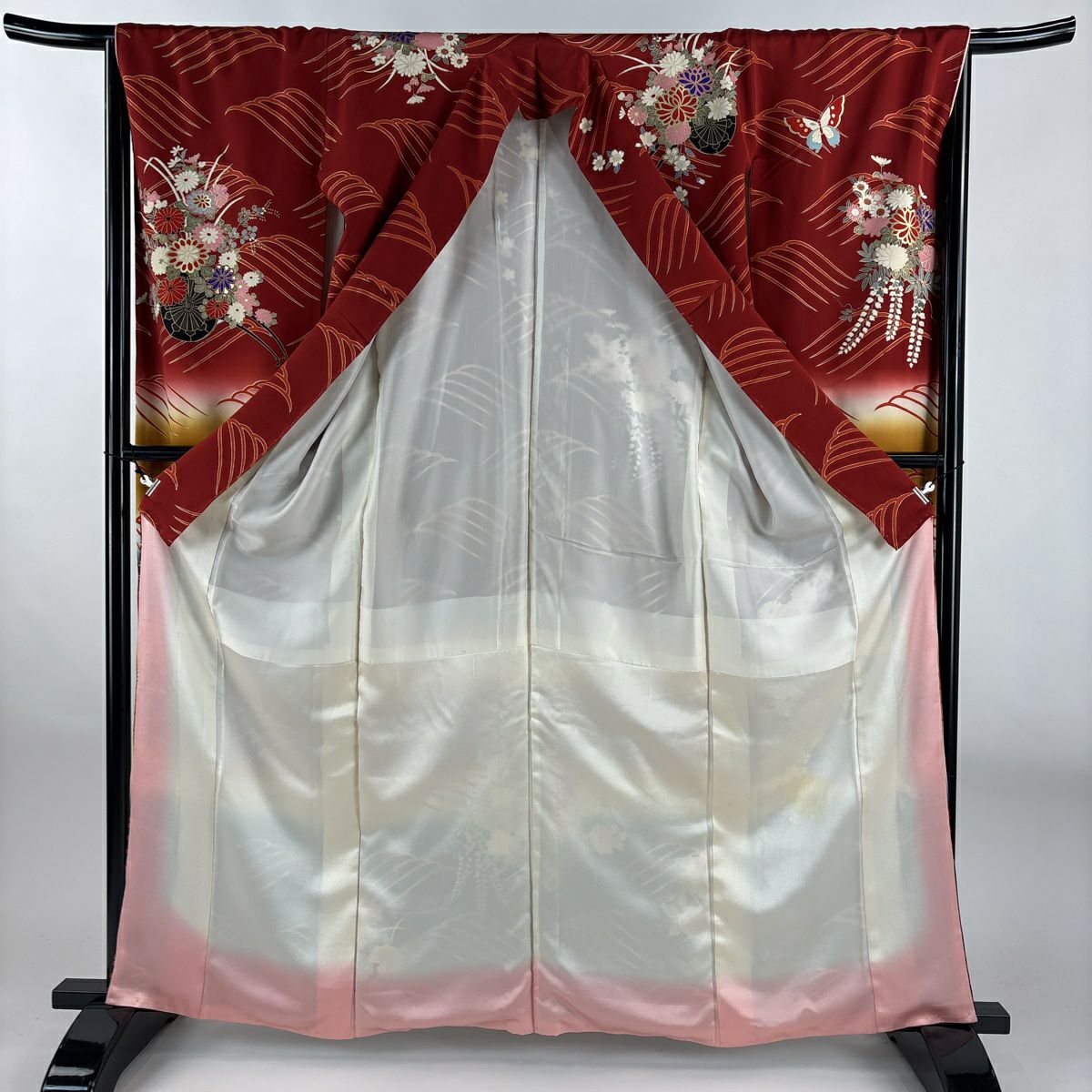 振袖禮服 身長162cm 袖長65cm M 雙層 花車 波 金銀彩 染分 紅 純蠶絲 名品級