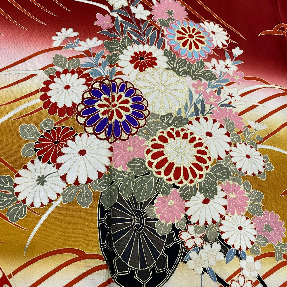 振袖禮服 身長162cm 袖長65cm M 雙層 花車 波 金銀彩 染分 紅 純蠶絲 名品級