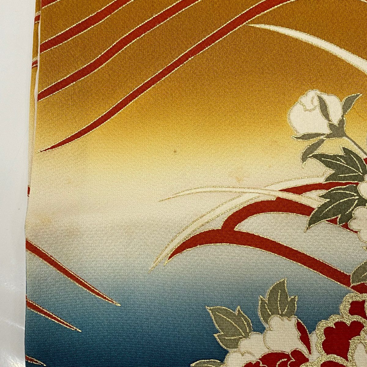 振袖禮服 身長162cm 袖長65cm M 雙層 花車 波 金銀彩 染分 紅 純蠶絲 名品級