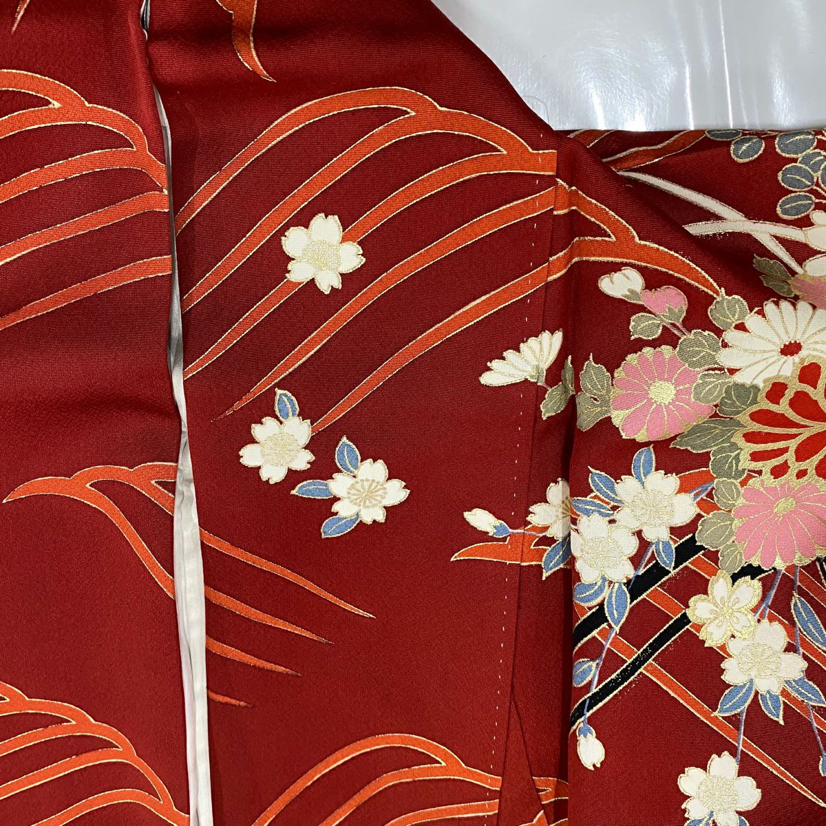 振袖禮服 身長162cm 袖長65cm M 雙層 花車 波 金銀彩 染分 紅 純蠶絲 名品級
