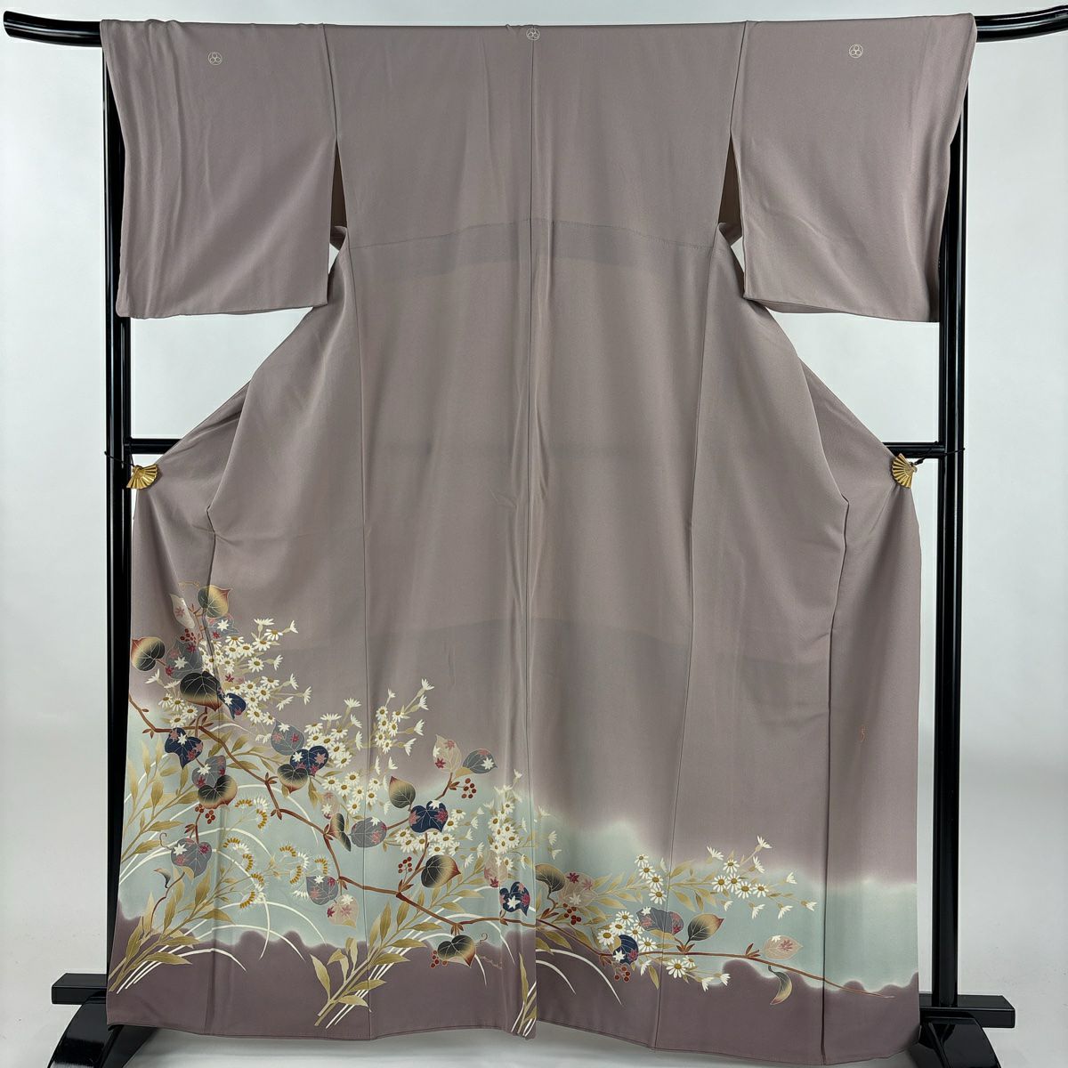 色留袖禮服 身長164.5cm 袖長67cm M 雙層 落款 草花紋紋 漸層 薄紫 純蠶絲 名品級 三つ紋