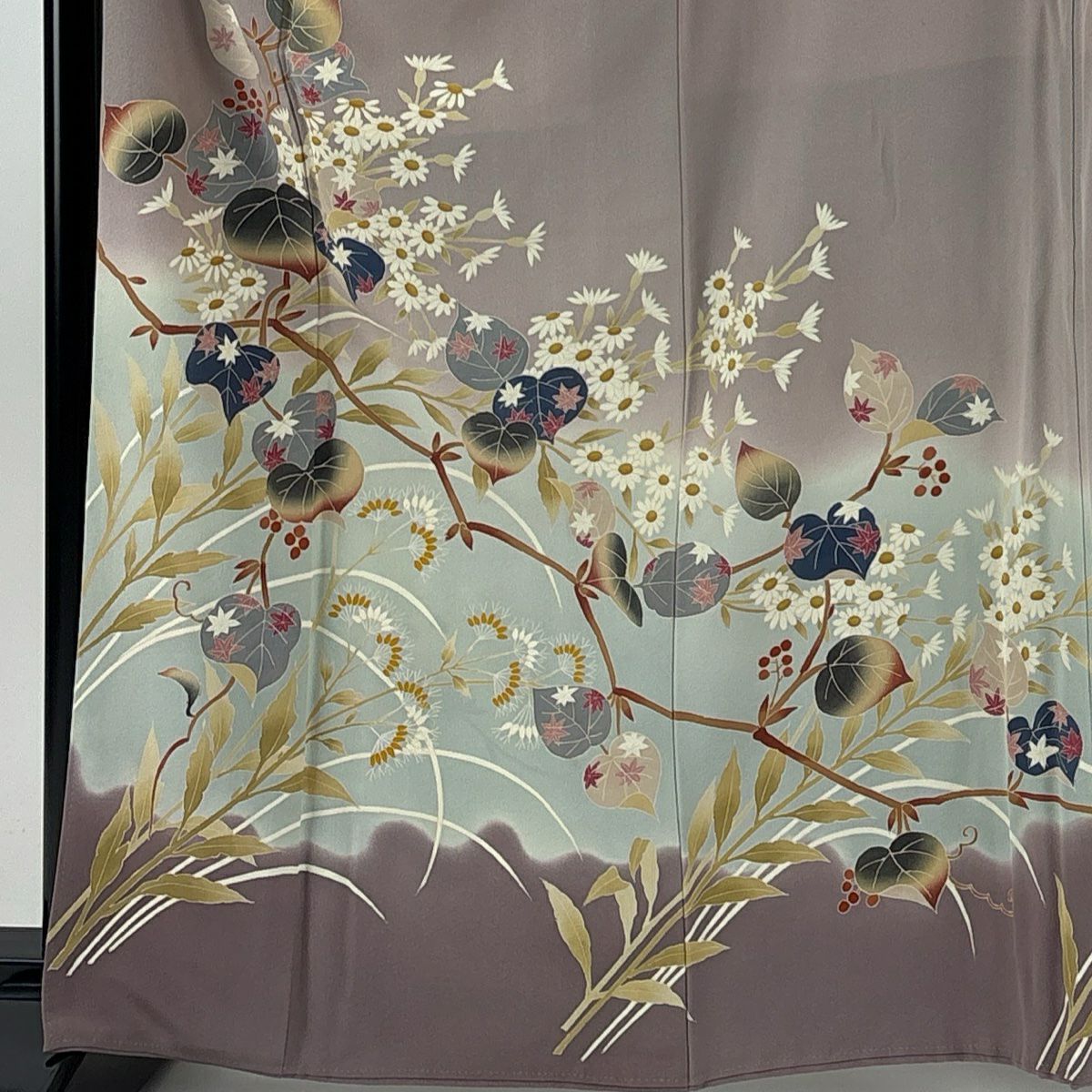 色留袖禮服 身長164.5cm 袖長67cm M 雙層 落款 草花紋紋 漸層 薄紫 純蠶絲 名品級 三つ紋