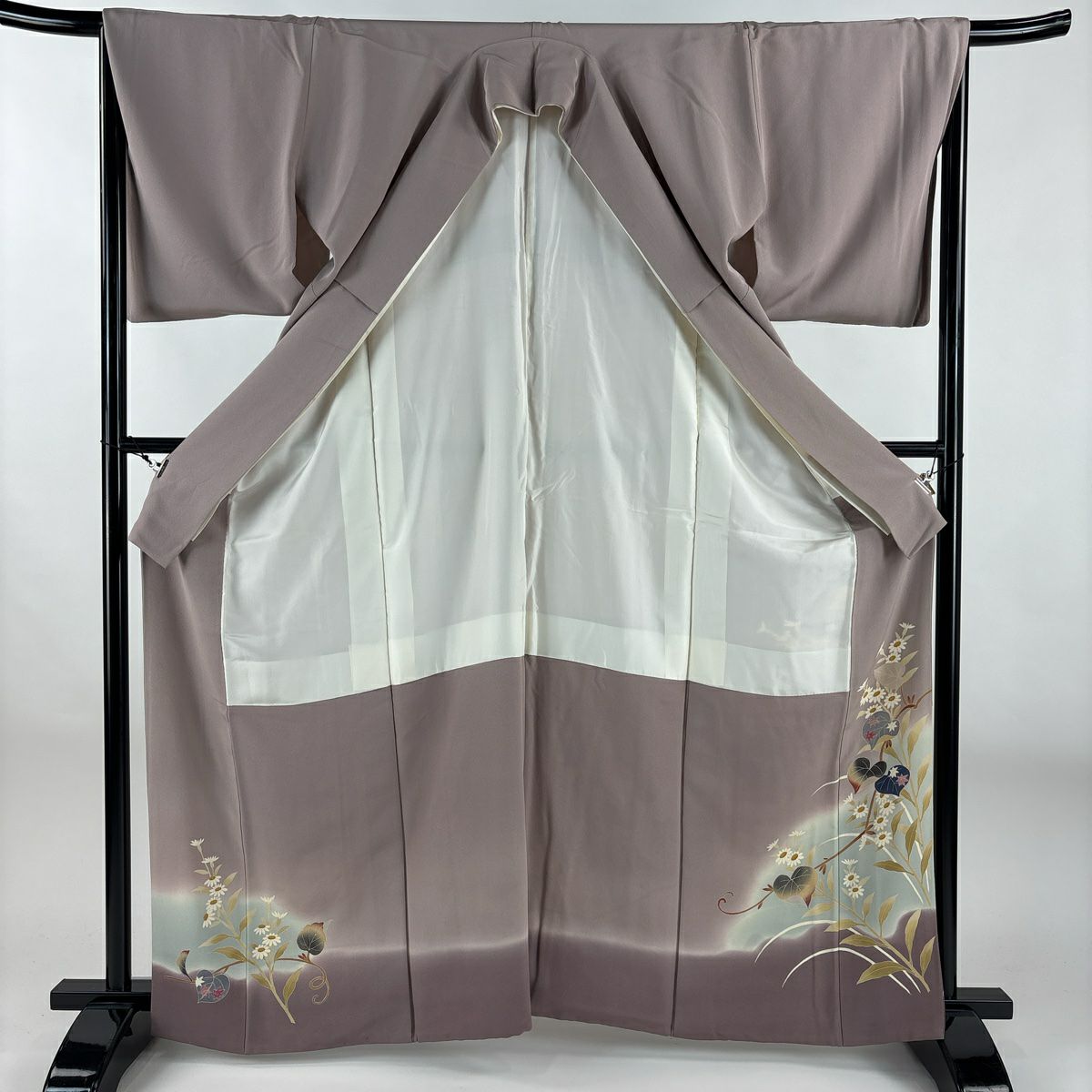色留袖禮服 身長164.5cm 袖長67cm M 雙層 落款 草花紋紋 漸層 薄紫 純蠶絲 名品級 三つ紋