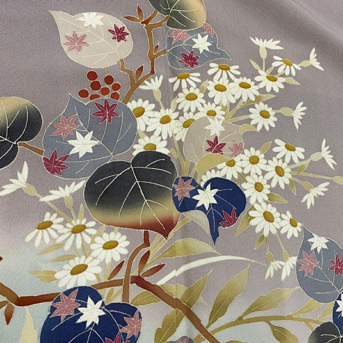 色留袖禮服 身長164.5cm 袖長67cm M 雙層 落款 草花紋紋 漸層 薄紫 純蠶絲 名品級 三つ紋