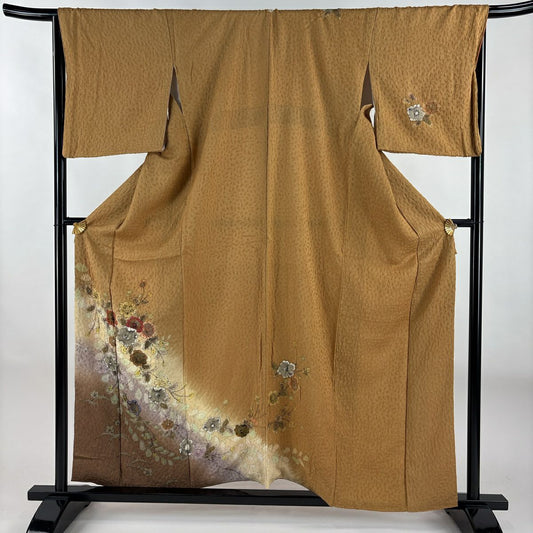 訪問服 身長158cm 袖長68cm L 雙層 辻花染 金銀彩 染分 山吹茶 純蠶絲 名品級 一つ紋