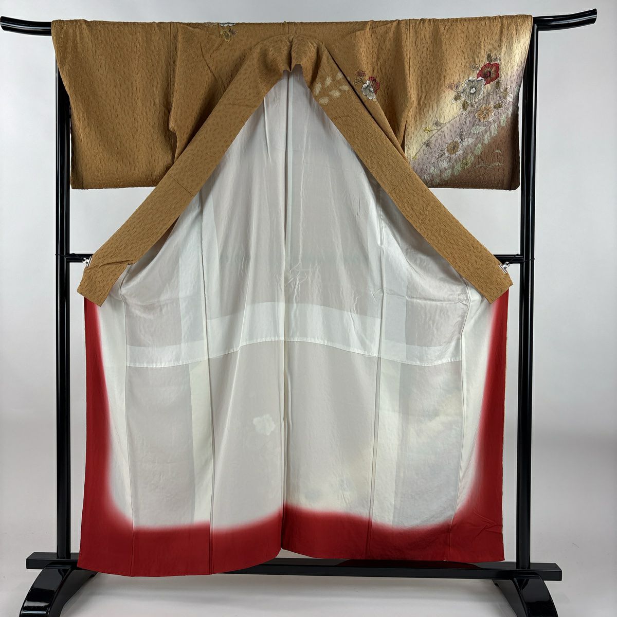 訪問服 身長158cm 袖長68cm L 雙層 辻花染 金銀彩 染分 山吹茶 純蠶絲 名品級 一つ紋