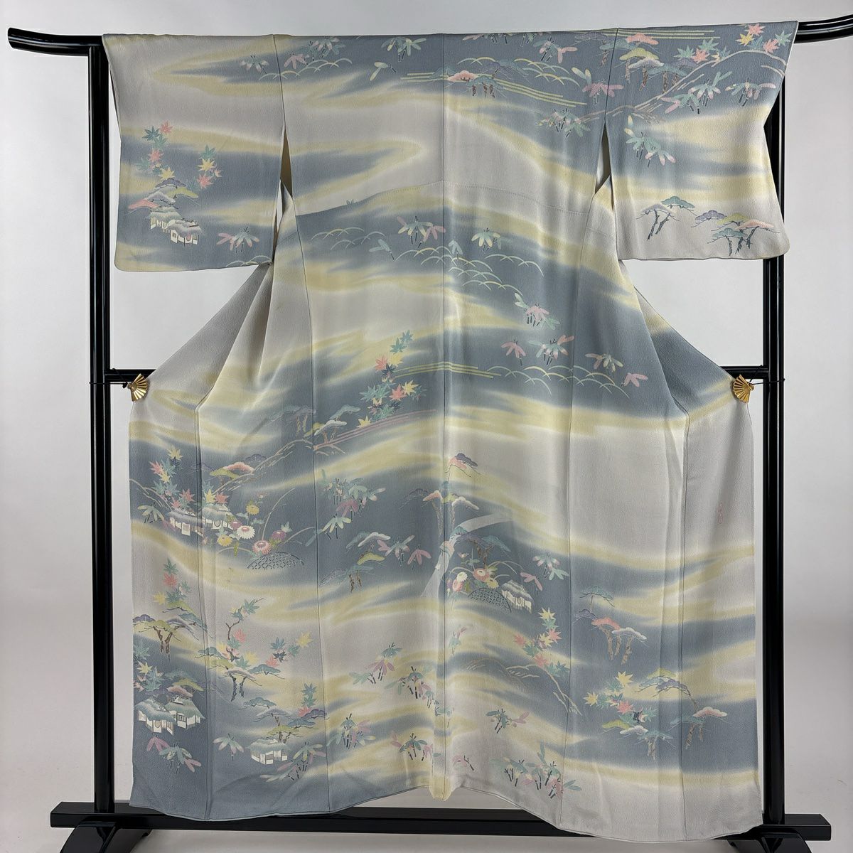 【庫存清倉】訪問服 身長153cm 袖長65cm M 雙層 清染居 有落款 風景 漸層 青灰 純蠶絲 名品級
