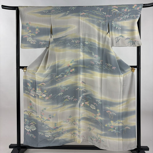 【庫存清倉】訪問服 身長153cm 袖長65cm M 雙層 清染居 有落款 風景 漸層 青灰 純蠶絲 名品級