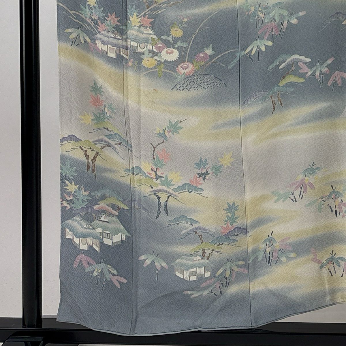 【庫存清倉】訪問服 身長153cm 袖長65cm M 雙層 清染居 有落款 風景 漸層 青灰 純蠶絲 名品級