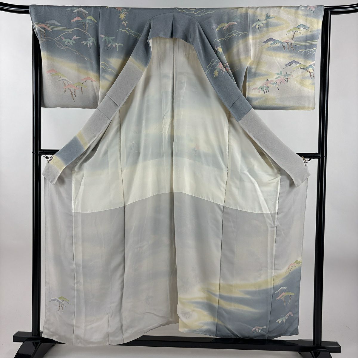 【庫存清倉】訪問服 身長153cm 袖長65cm M 雙層 清染居 有落款 風景 漸層 青灰 純蠶絲 名品級