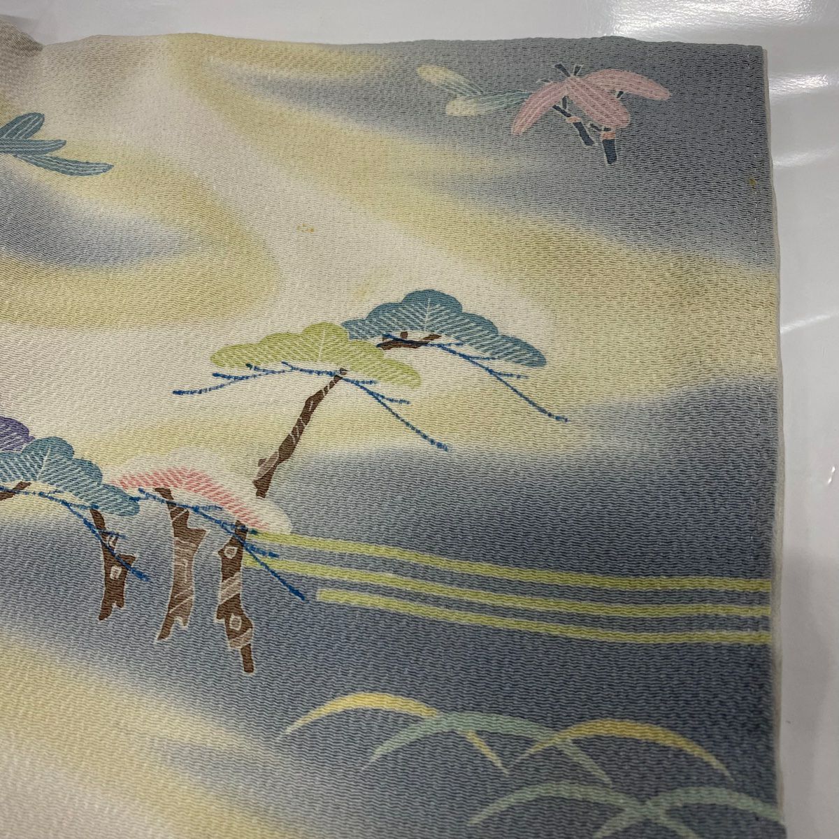 【庫存清倉】訪問服 身長153cm 袖長65cm M 雙層 清染居 有落款 風景 漸層 青灰 純蠶絲 名品級
