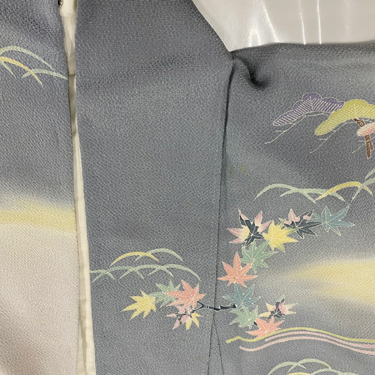 【庫存清倉】訪問服 身長153cm 袖長65cm M 雙層 清染居 有落款 風景 漸層 青灰 純蠶絲 名品級
