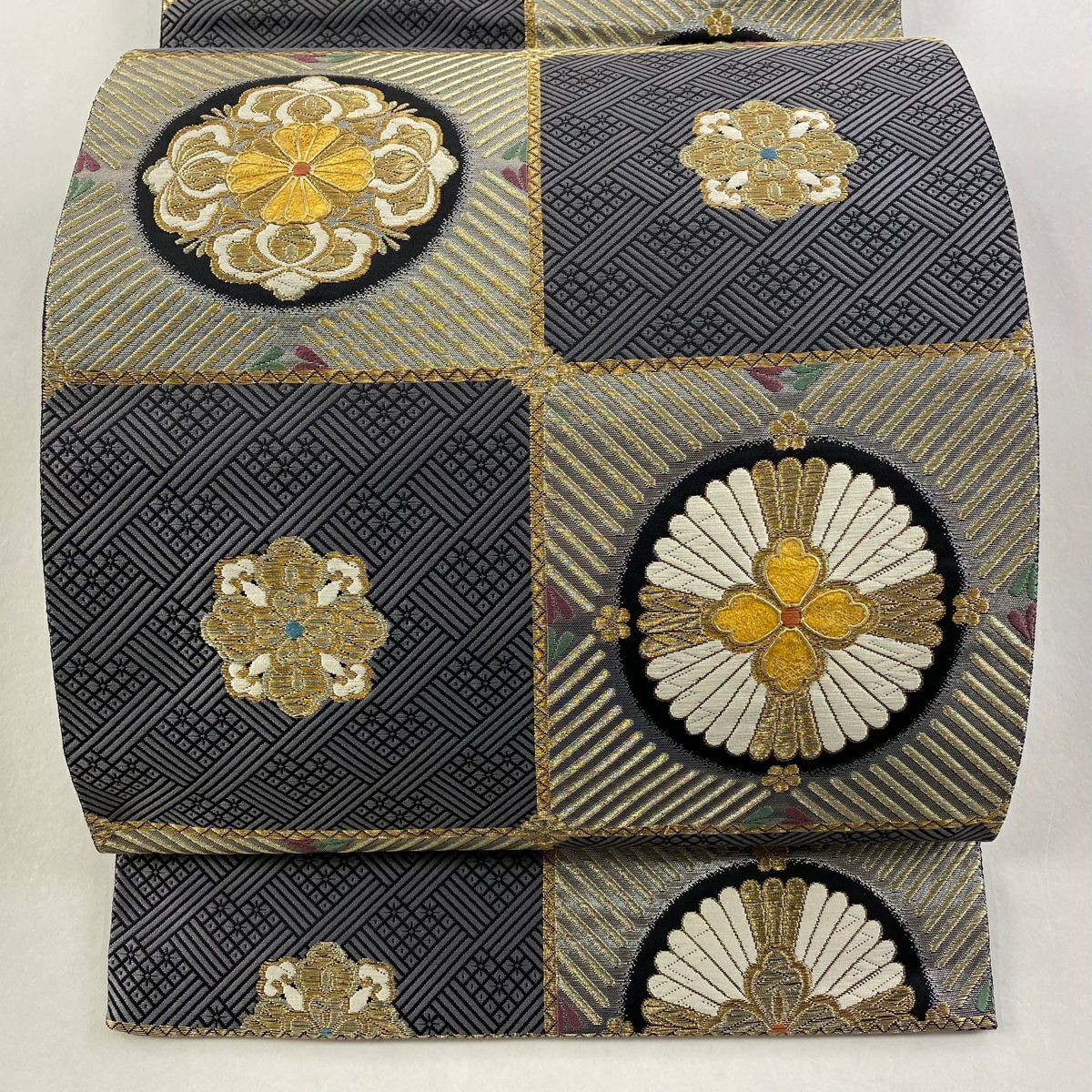 袋帶 逸品級 附有落款 じゅらく黃金繭 華紋 格子 金絲 刺繡 灰 深藍 六通 純蠶絲