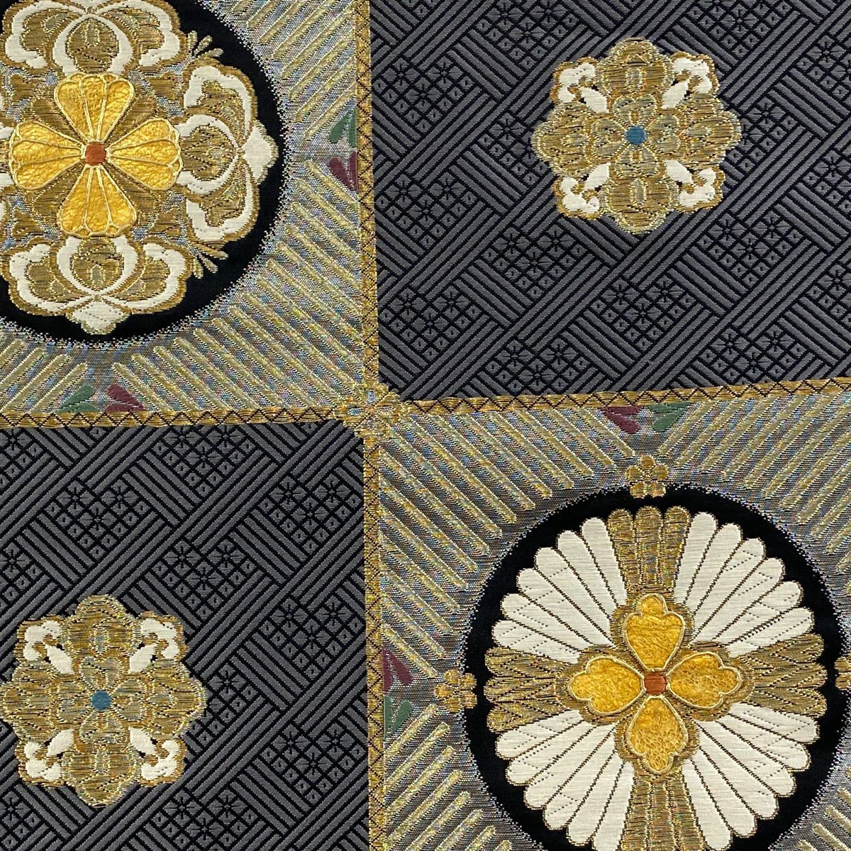 袋帶 逸品級 附有落款 じゅらく黃金繭 華紋 格子 金絲 刺繡 灰 深藍 六通 純蠶絲