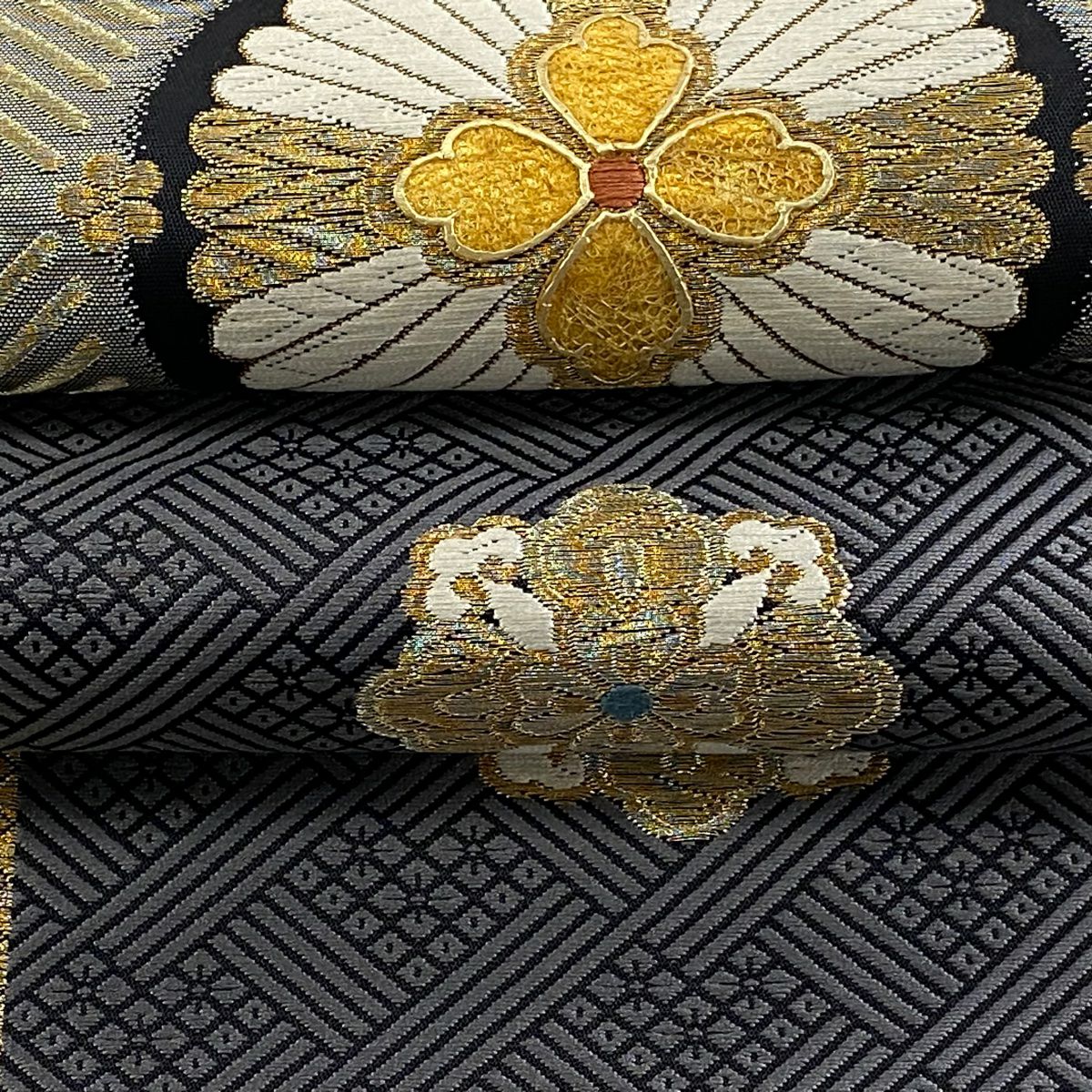 袋帶 逸品級 附有落款 じゅらく黃金繭 華紋 格子 金絲 刺繡 灰 深藍 六通 純蠶絲