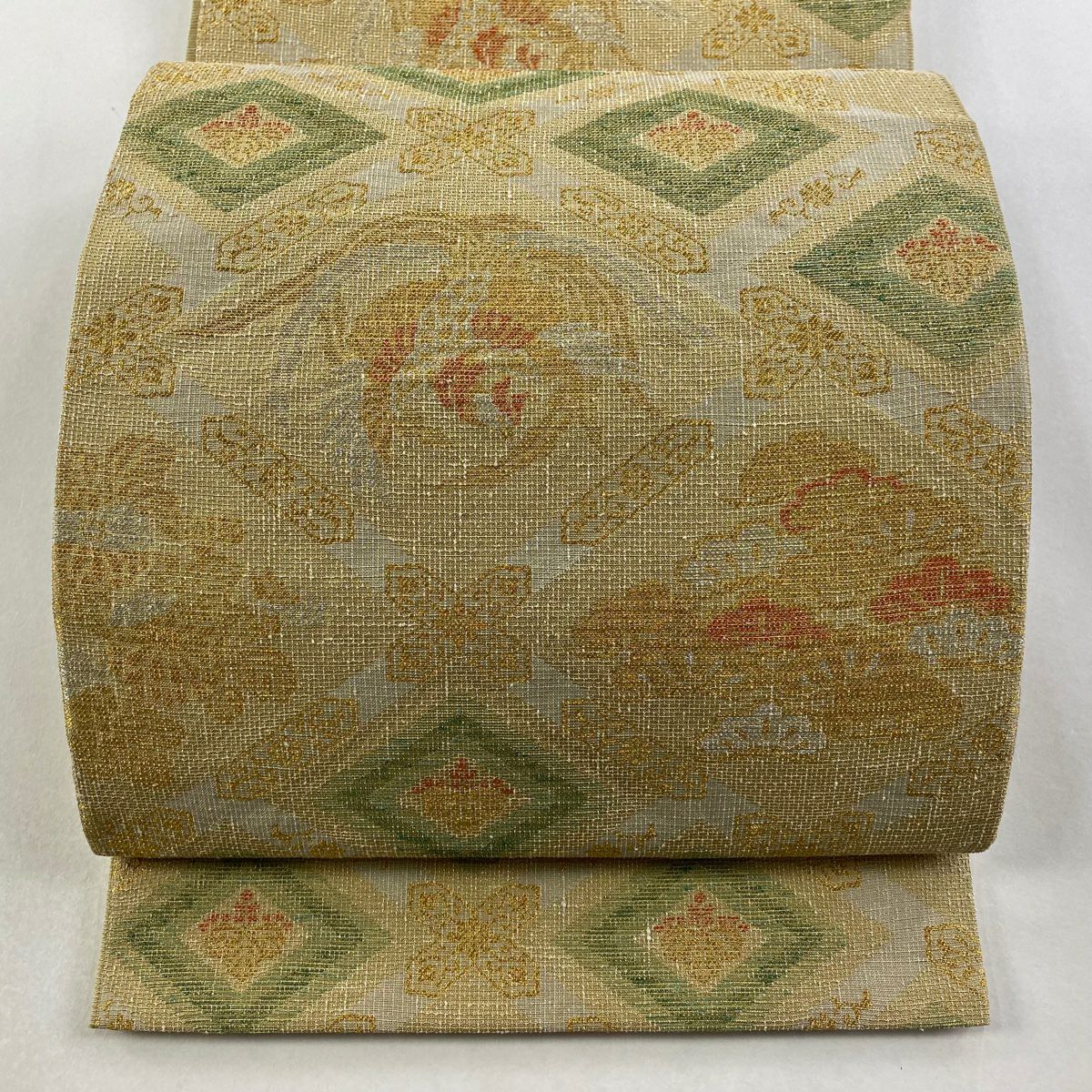 【美品】 袋帶 逸品級 鳳凰 松樹 金銀絲 米色 六通 純蠶絲