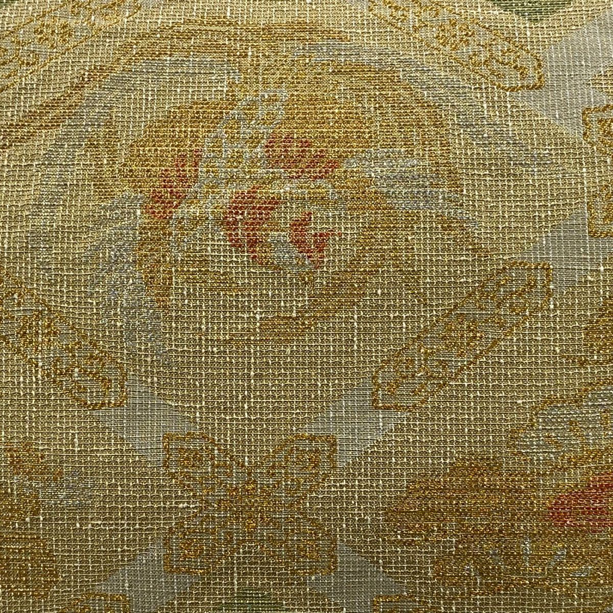 【美品】 袋帶 逸品級 鳳凰 松樹 金銀絲 米色 六通 純蠶絲