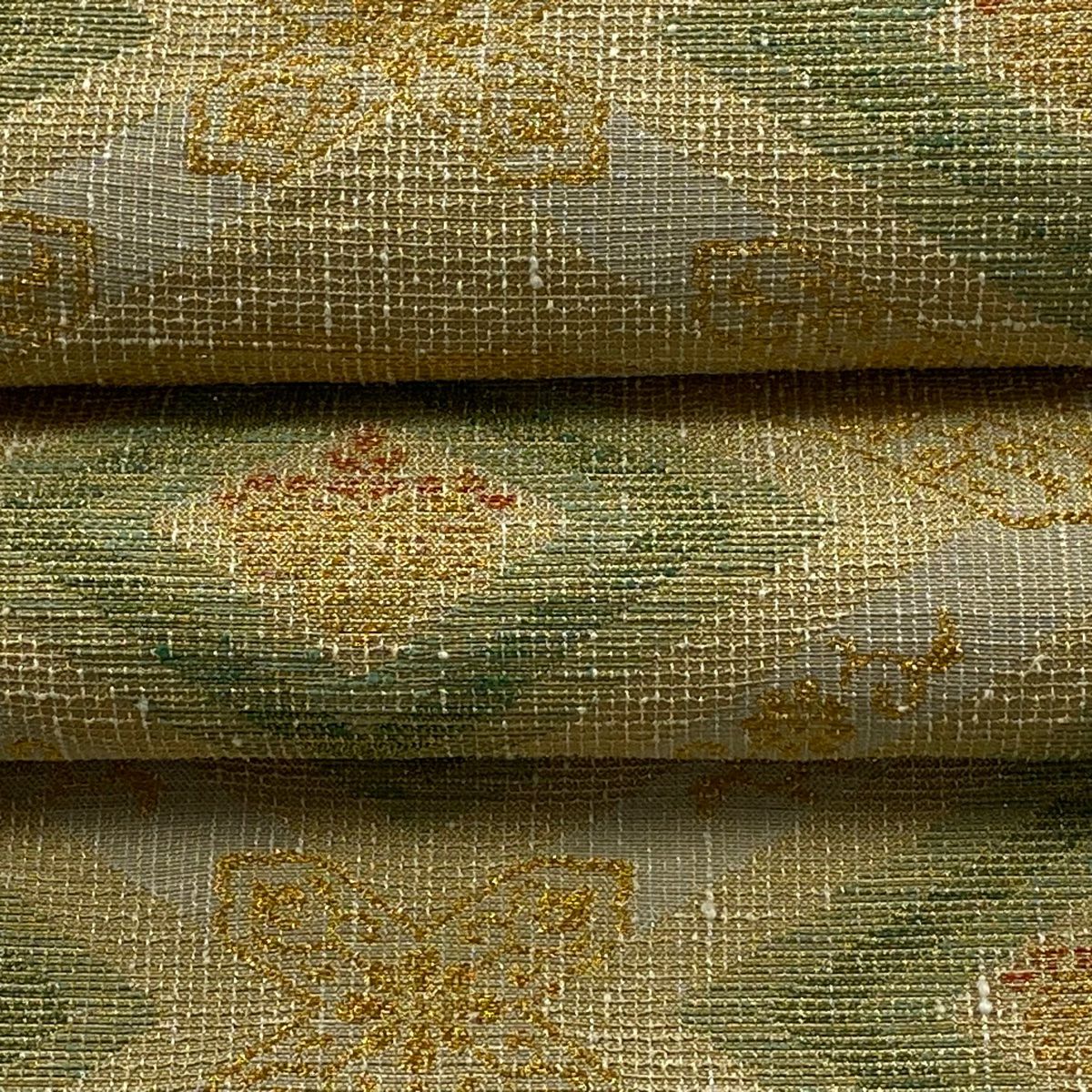 【美品】 袋帶 逸品級 鳳凰 松樹 金銀絲 米色 六通 純蠶絲