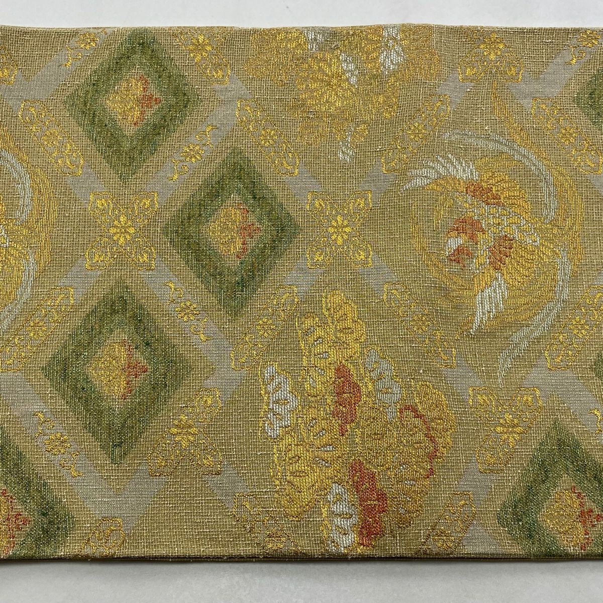 【美品】 袋帶 逸品級 鳳凰 松樹 金銀絲 米色 六通 純蠶絲