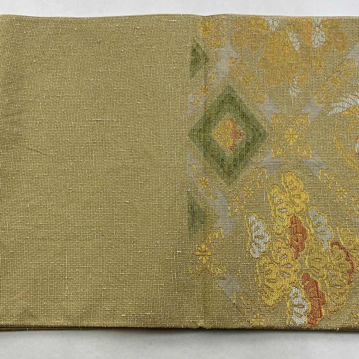 【美品】 袋帶 逸品級 鳳凰 松樹 金銀絲 米色 六通 純蠶絲
