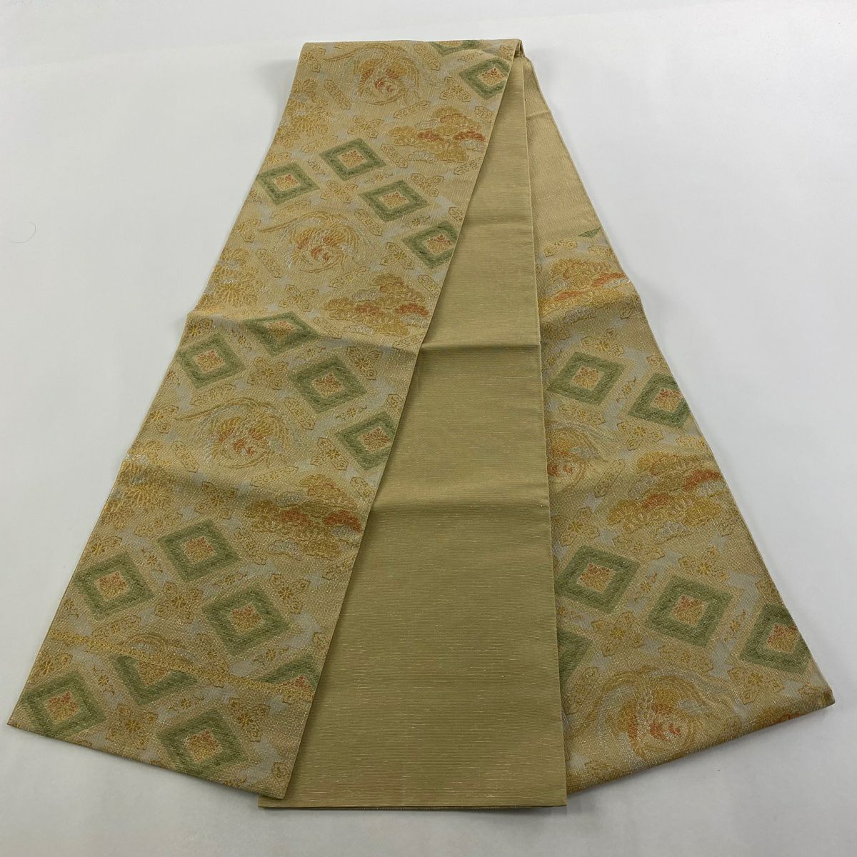 【美品】 袋帶 逸品級 鳳凰 松樹 金銀絲 米色 六通 純蠶絲