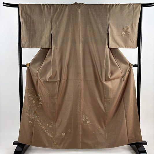 付下 身長161.5cm 袖長66cm M 雙層 召地 花丸紋 龜甲 相良刺繡 金線 茶綠 純蠶絲 逸品級 一つ紋