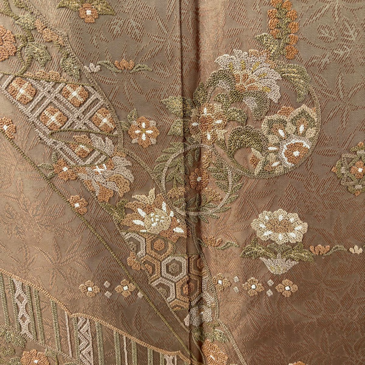 付下 身長161.5cm 袖長66cm M 雙層 召地 花丸紋 龜甲 相良刺繡 金線 茶綠 純蠶絲 逸品級 一つ紋