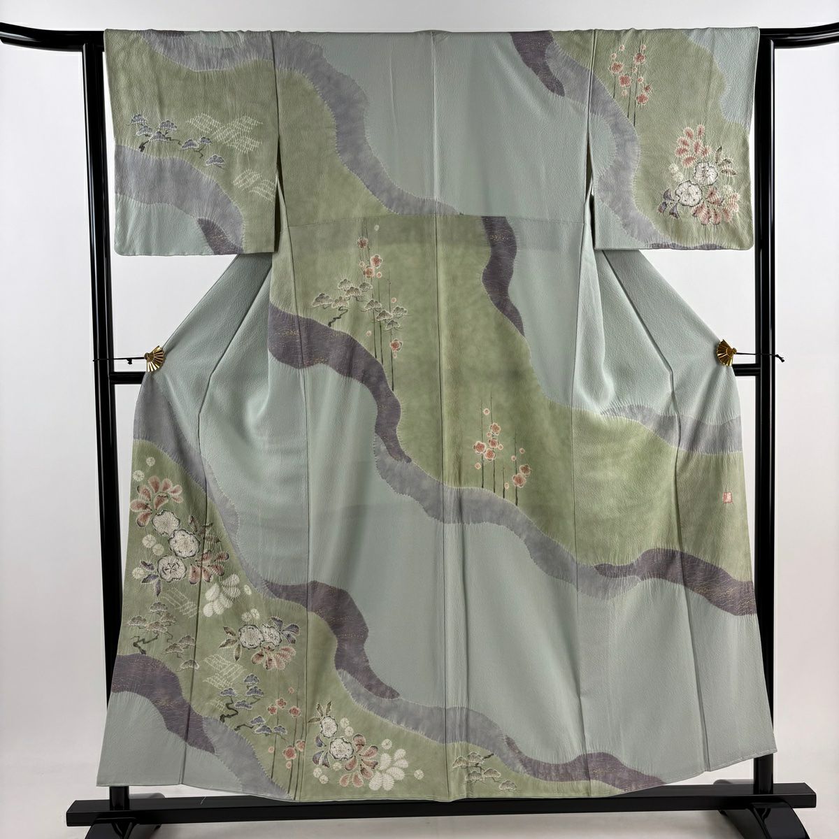 訪問服 身長154.5cm 袖長63cm S 雙層 滝泰 落款あり 辻花 松樹梅花 金銀彩 漸層 灰綠 純蠶絲 逸品級