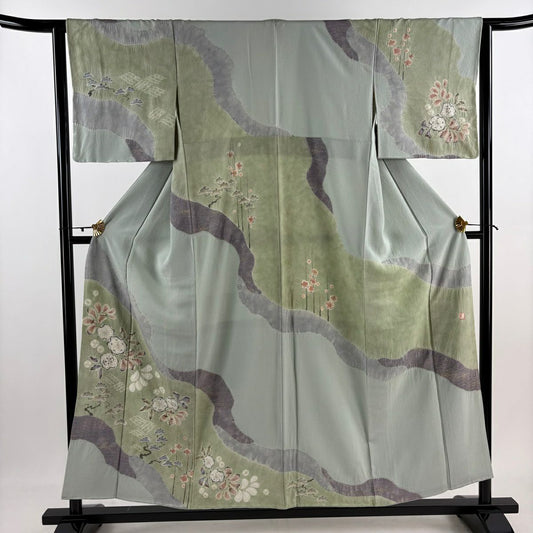 訪問服 身長154.5cm 袖長63cm S 雙層 滝泰 落款あり 辻花 松樹梅花 金銀彩 漸層 灰綠 純蠶絲 逸品級
