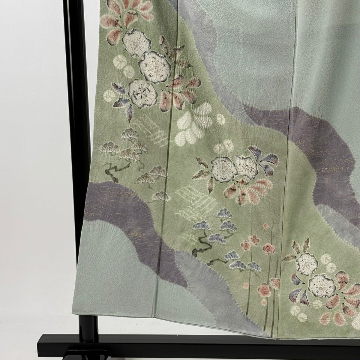訪問服 身長154.5cm 袖長63cm S 雙層 滝泰 落款あり 辻花 松樹梅花 金銀彩 漸層 灰綠 純蠶絲 逸品級