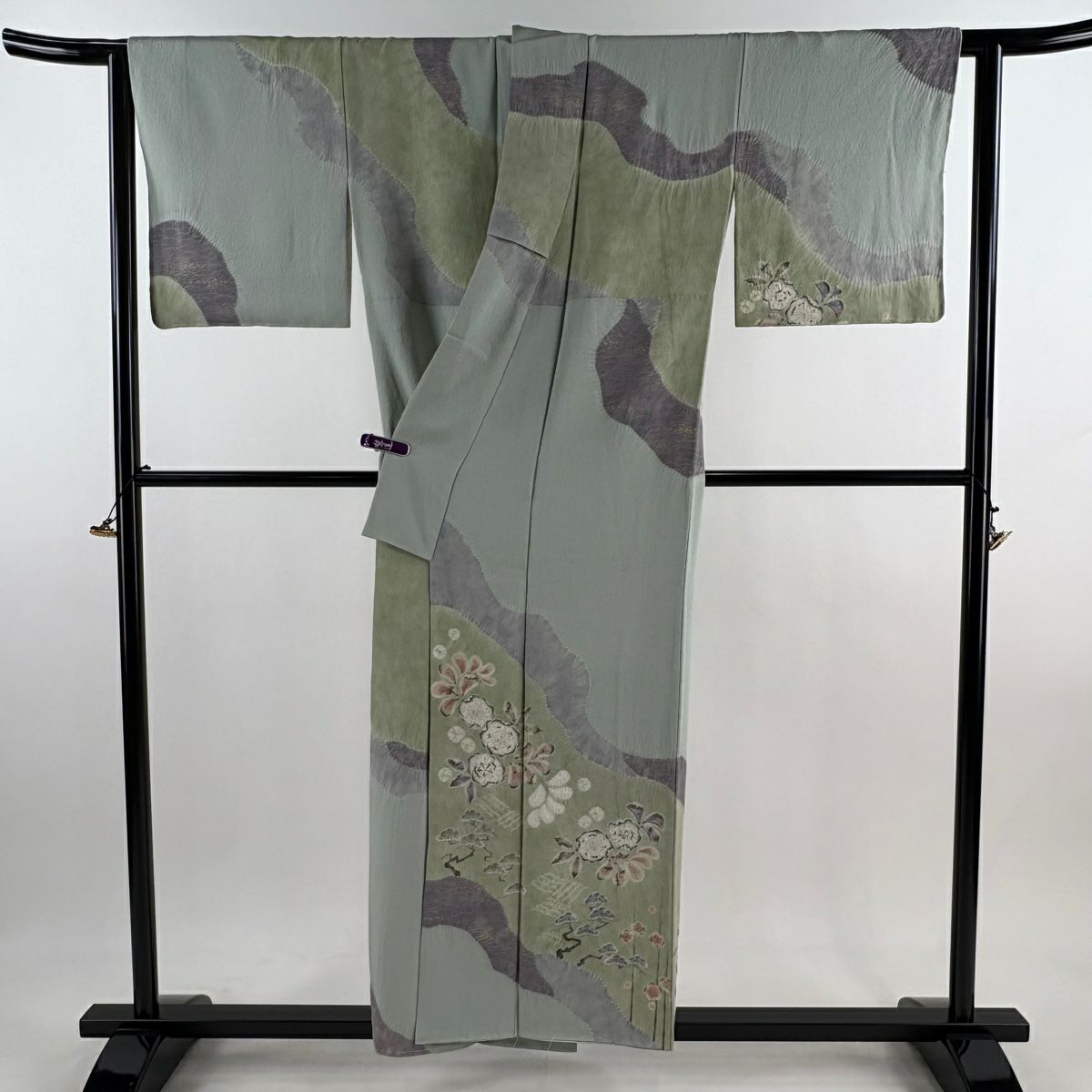訪問服 身長154.5cm 袖長63cm S 雙層 滝泰 落款あり 辻花 松樹梅花 金銀彩 漸層 灰綠 純蠶絲 逸品級