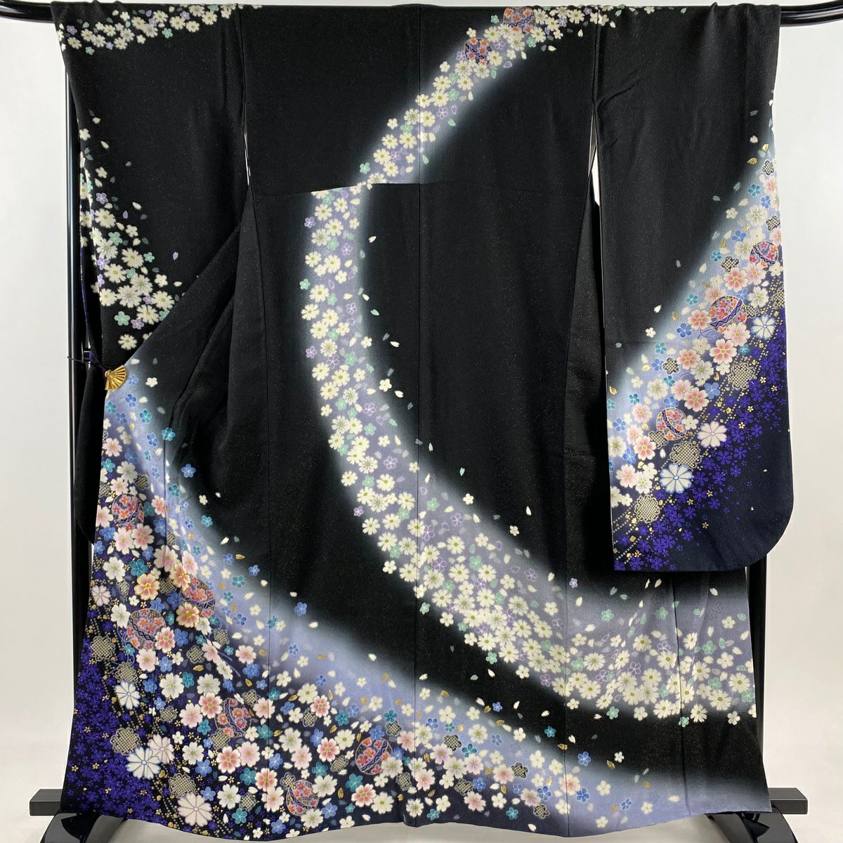 振袖禮服 身長161.5cm 袖長69.5cm L 雙層 手鞠 櫻花 金通 金絲 黑 純蠶絲 逸品級