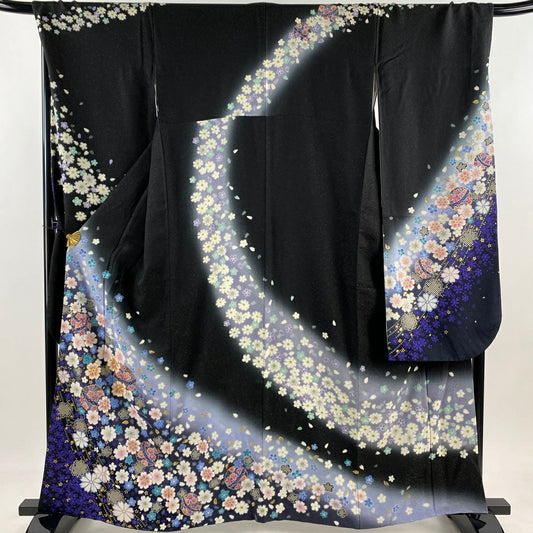 振袖禮服 身長161.5cm 袖長69.5cm L 雙層 手鞠 櫻花 金通 金絲 黑 純蠶絲 逸品級